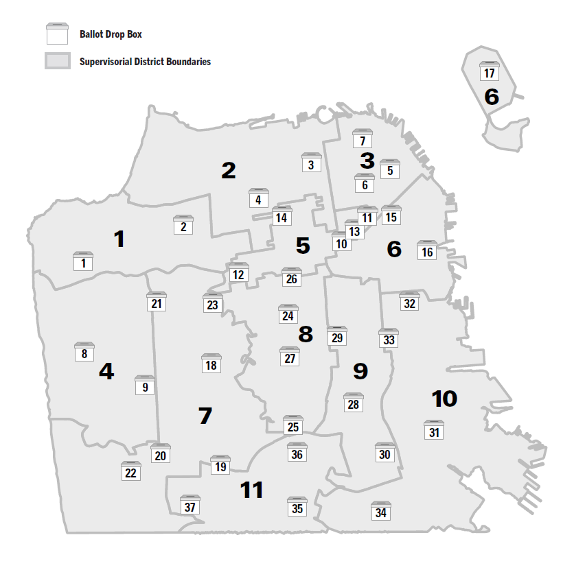 Map of Official Ballot Drop Box locations in San Francisco